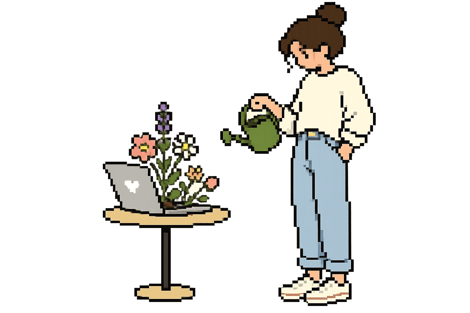 An engineer waters a laptop on a small table while flowers grow out of it — a metaphor for backend systems that grow stronger with care.